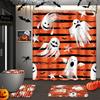 Halloween Shower Curtain Sets With Rugs Black Pumpkin Bathroom Set With Non-Slip Rug, Toilet Lid Cover, Bath Mat And 12 Hooks