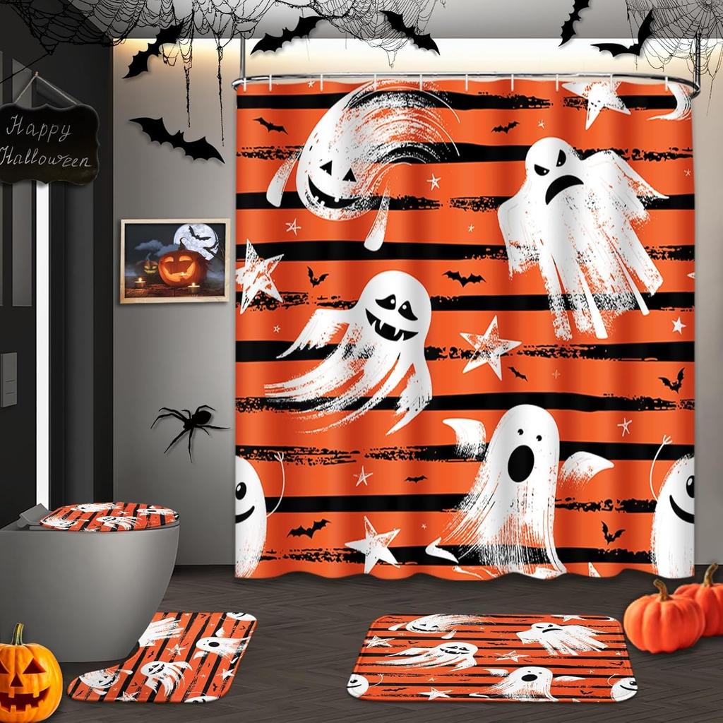 Halloween Shower Curtain Sets With Rugs Black Pumpkin Bathroom Set With Non-Slip Rug, Toilet Lid Cover, Bath Mat And 12 Hooks
