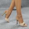 Fashion FHC New Women High Heeled Sandals,Flannel Summer Shoes,Open Toe,Knotted,Ankle Buckle Strap,Apricot,Size 35-43,Dropship