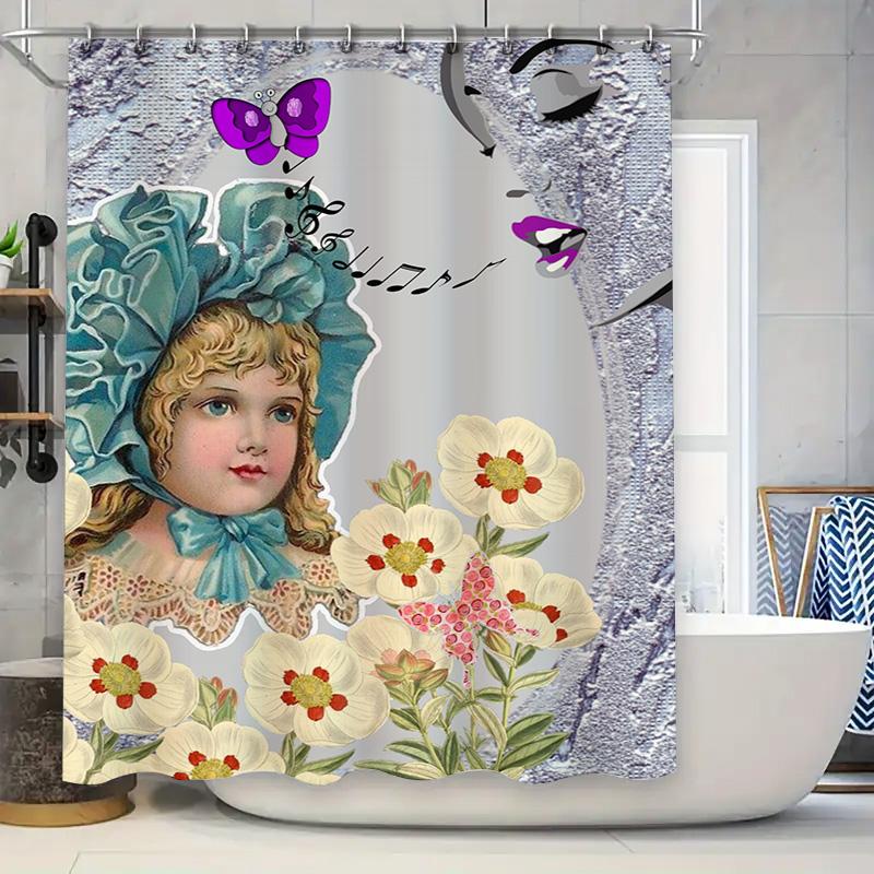 

Vintage Girls Fashion Shower Curtain with Music Note Butterfly: Flowers Bathroom Decor Waterproof Fabric Backdrop for Home Decor 90x180cm