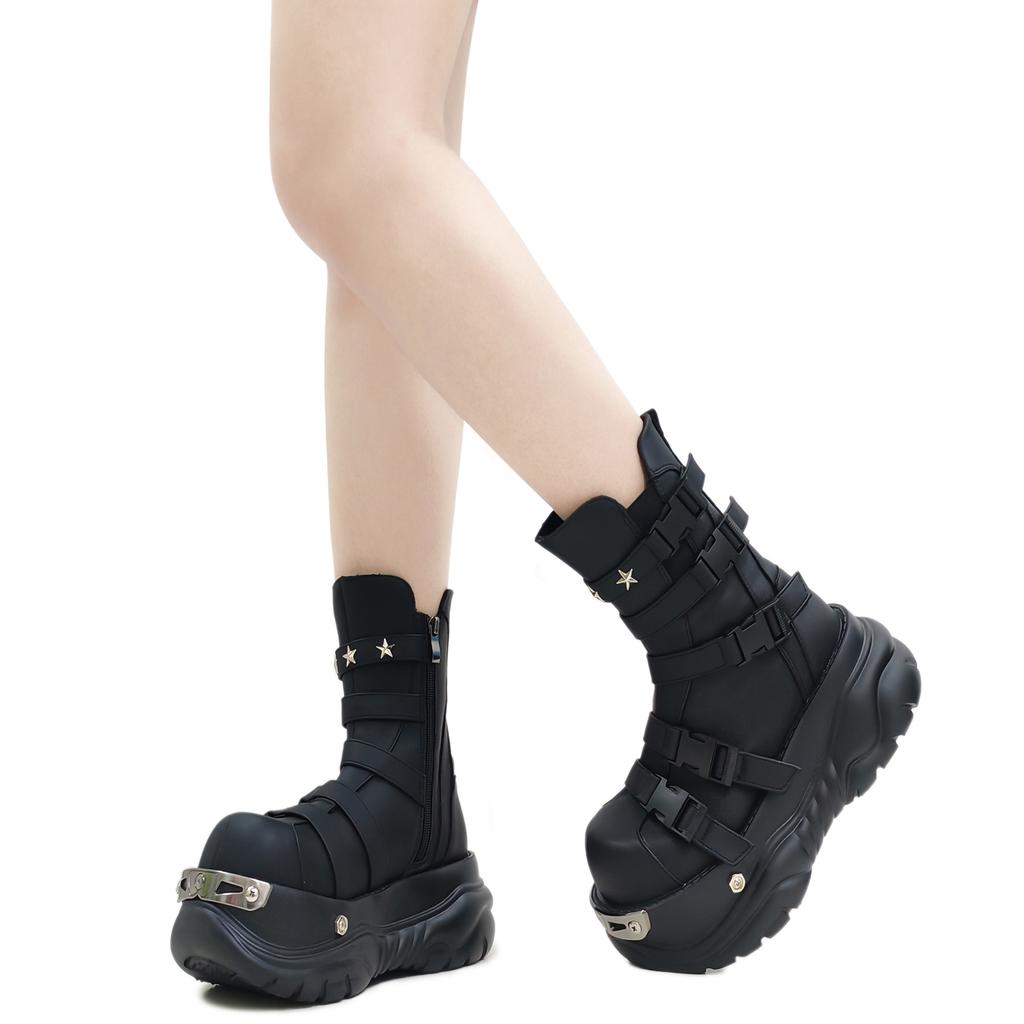 Damen Nischendesign Dicke Sohle Metall Großer Kopf Y2g Punk Girl Kleine Höhenvergrößerung Vorrichtung Auto Plateaustiefel
