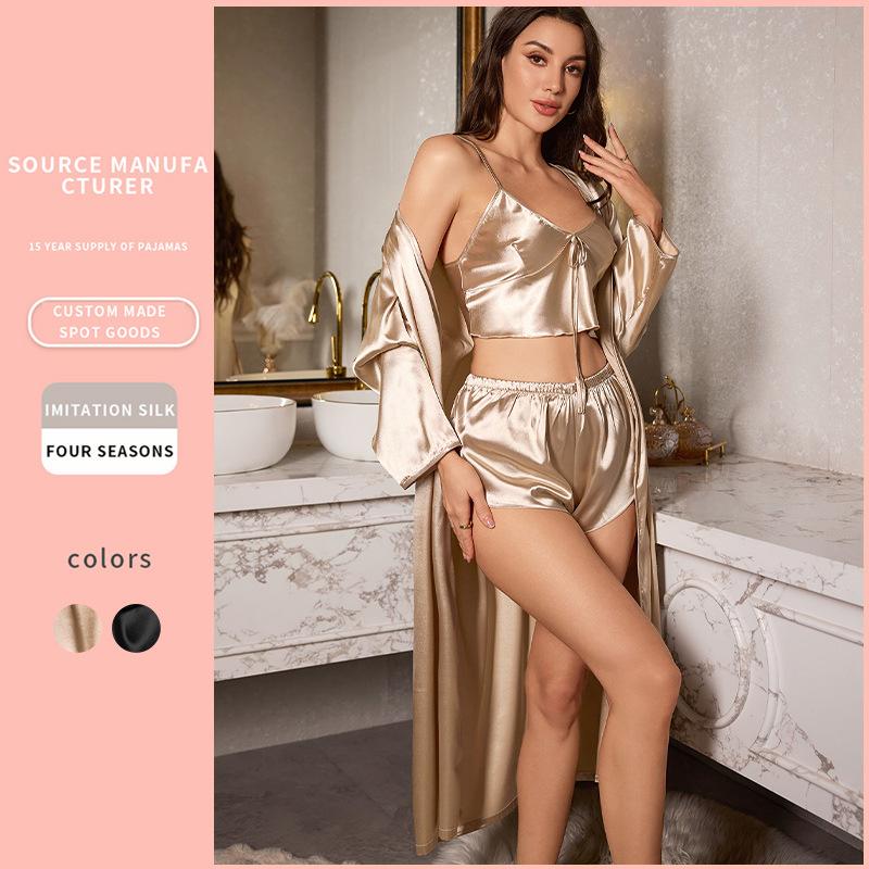 Spring and Summer 3PCS Sexy Women Pajamas Ladies Nightgowns Satin Robes Nightdress Sling and Short Women Robe