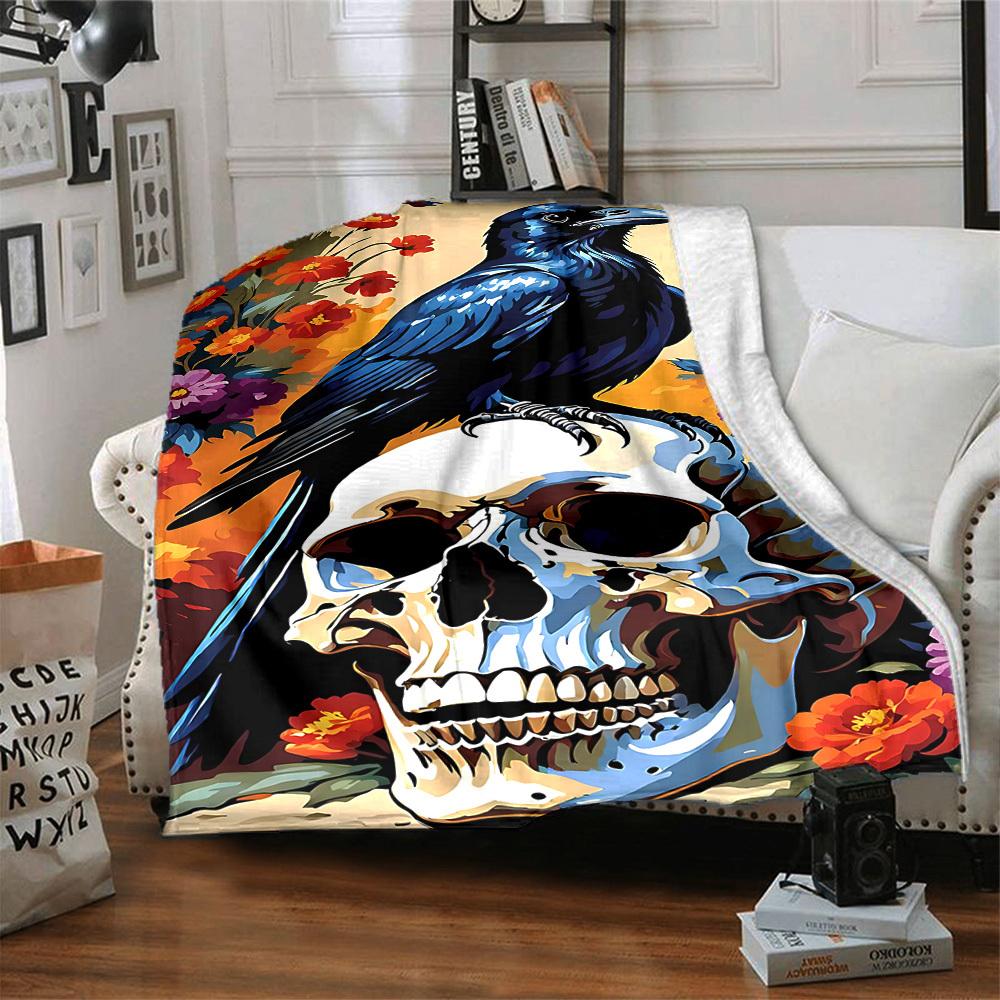 1pc Skull Raven Lightweight Flannel Blanket, Comfortable and Warm Blanket, for Office and Camping Sofa Bed, Livingroom132