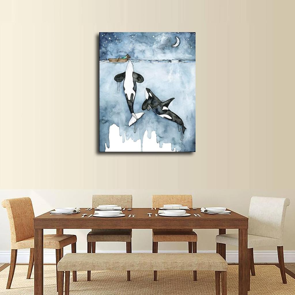 ניקאו אורקה ונערה הדפס קנבס ציור בצבעי מים אמנות קיר לווייתן קטלני פוסטר חיי ים ציור קנבס אמנות קיר תמונה מתנה חדר שינה בית