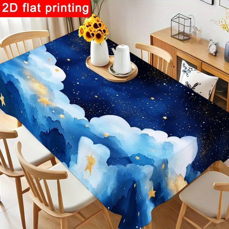 1pc Magical Night Sky Tablecloth - Dreamy Celestial Polyester Table Cover with Stars And Clouds, Reusable And Easy to Clean for Birthday Parties, Holi