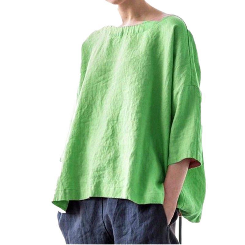 Top de Algodón y Lino de Manga 3/4 para Mujer Tallas Grandes para Primavera y Verano