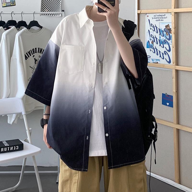 

Men s Beige Gray Gradient Short Sleeve Shirt Casual Pocket Detail Streetwear Top M белый
