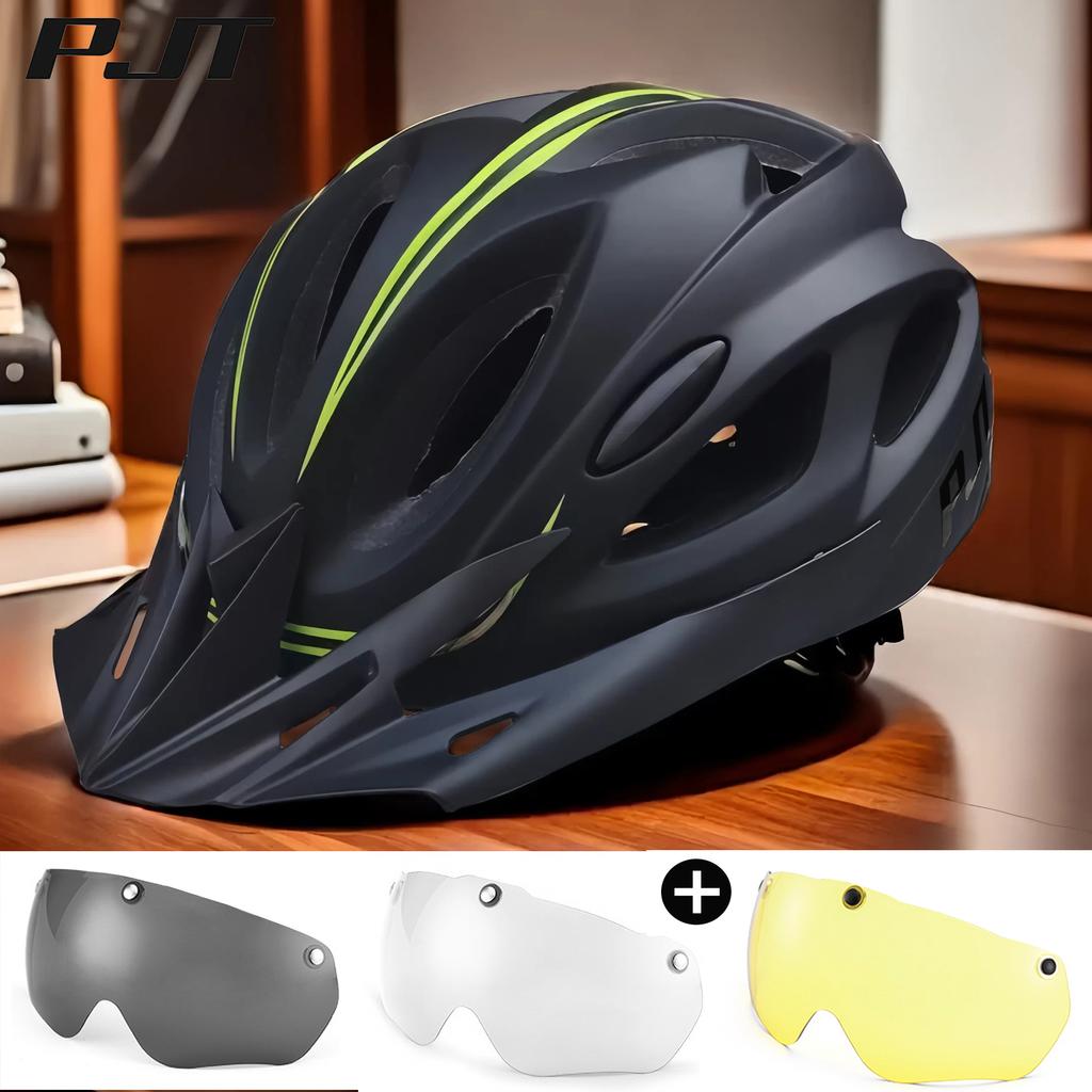 Matt Color 4 In 1 Bike Helmet With Sun Goggle & Sun Visor Rechargeable Adult Bicycle Helmet Sunglasses Road MTB Cycling Helmet