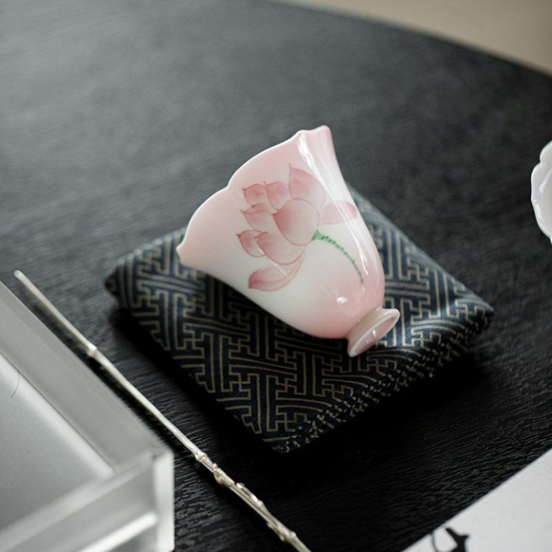 Pink Hand-Painted Lotus Ceramic Tea Cup - Flared Rim Zen Tea Bowl for Kung Fu Ceremony, Floral Design High-Stem Sipping Cup