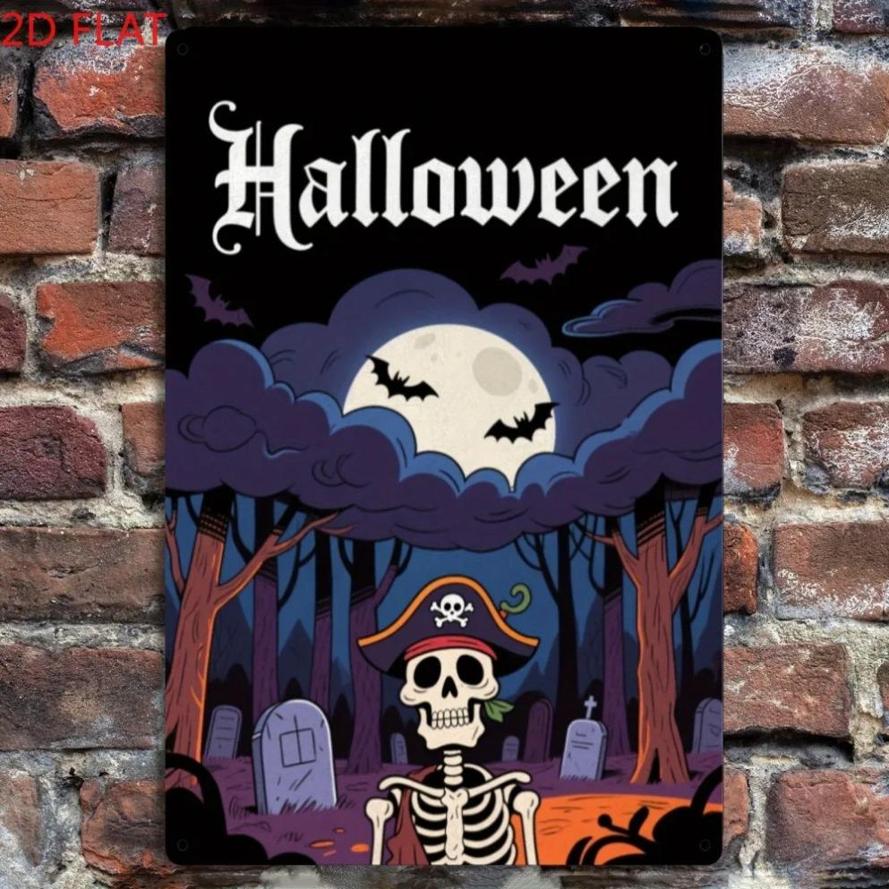 1pc 2D Flat Vintage Halloween Iron Sign - Spooky Skeleton/Haunted House/Full Moon/Bats Decor, Ideal for Living Room/Garden