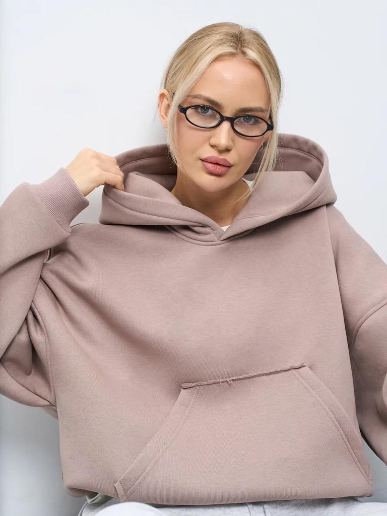 Felpa da donna casual a tinta unita con cappuccio, vestibilità aderente, manica lunga, manica corta, pullover, felpa con cappuccio e tasca