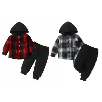 Baby Boys Hooded Shirt and Pants Two-piece Set Plaid Long Sleeved Top Trousers Kids Clothing Set