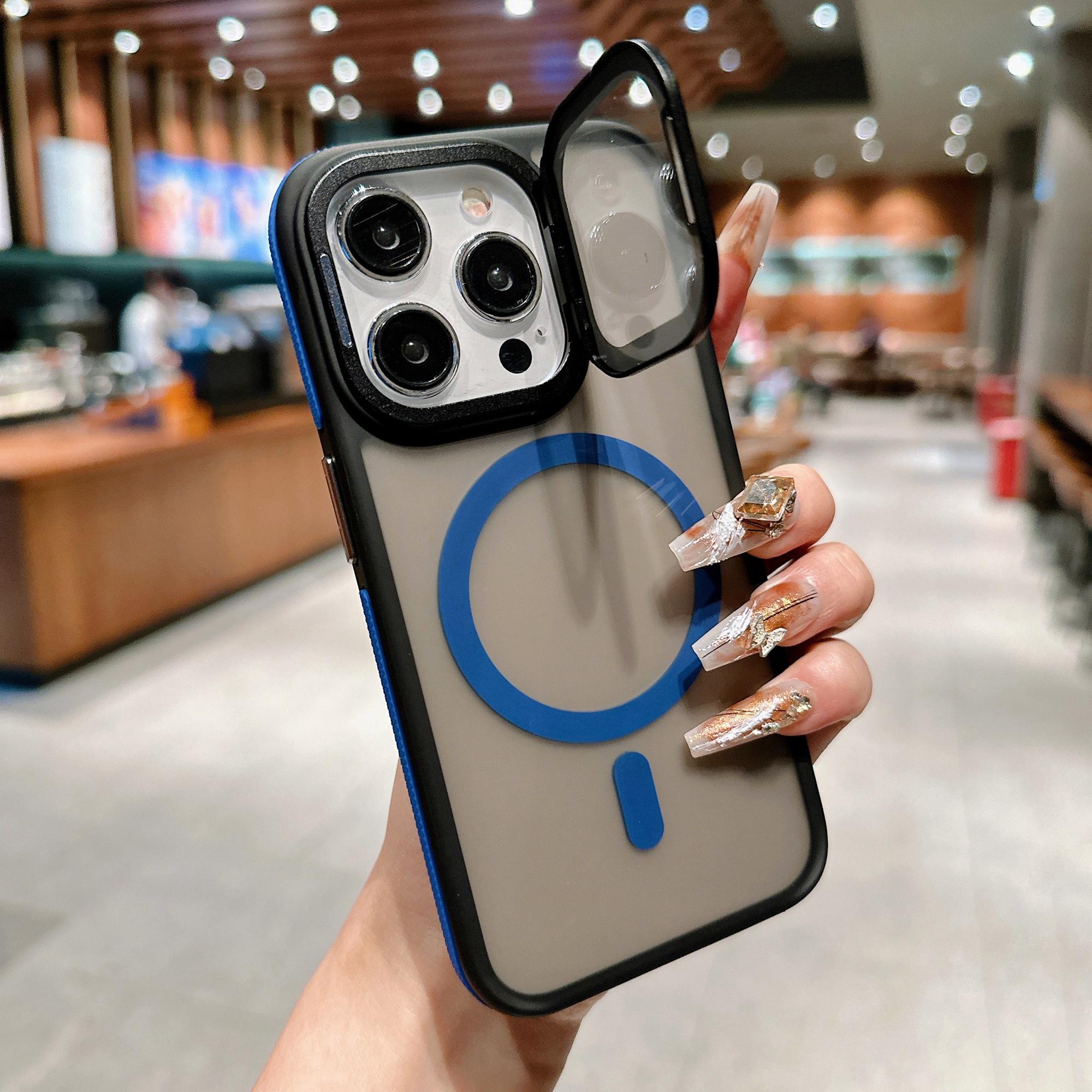 

For iPhone 15 Pro Magnetic Case Skin-Touch TPU Acrylic Phone Back Cover with Lens Protector Kickstand Blue