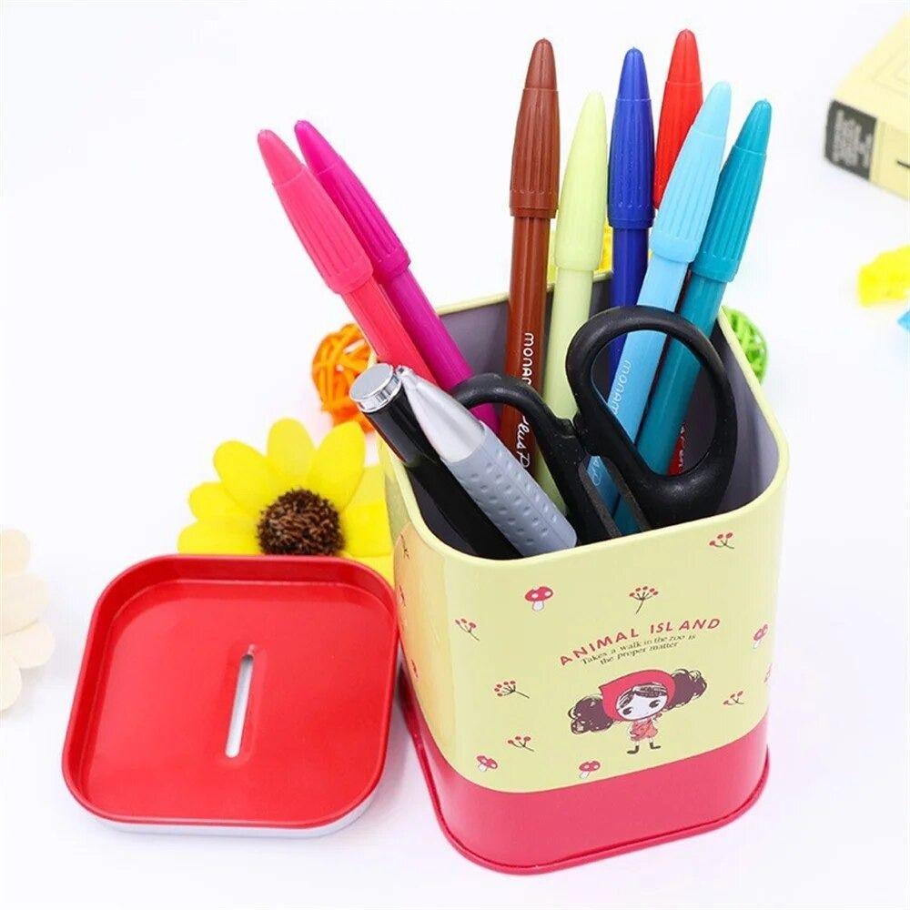 Square Shape Cute Pen Holder Iron Art Kids Storage Box Square Tinplate Piggy Bank  Children Gift