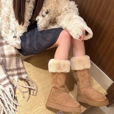 Damen Schneestiefel mit dicker Sohle 2025 neue Winterstiefel mit zwei Tragevarianten Nordost gestapelt verdickte hohe Baumwollstiefel mit integriertem Fell