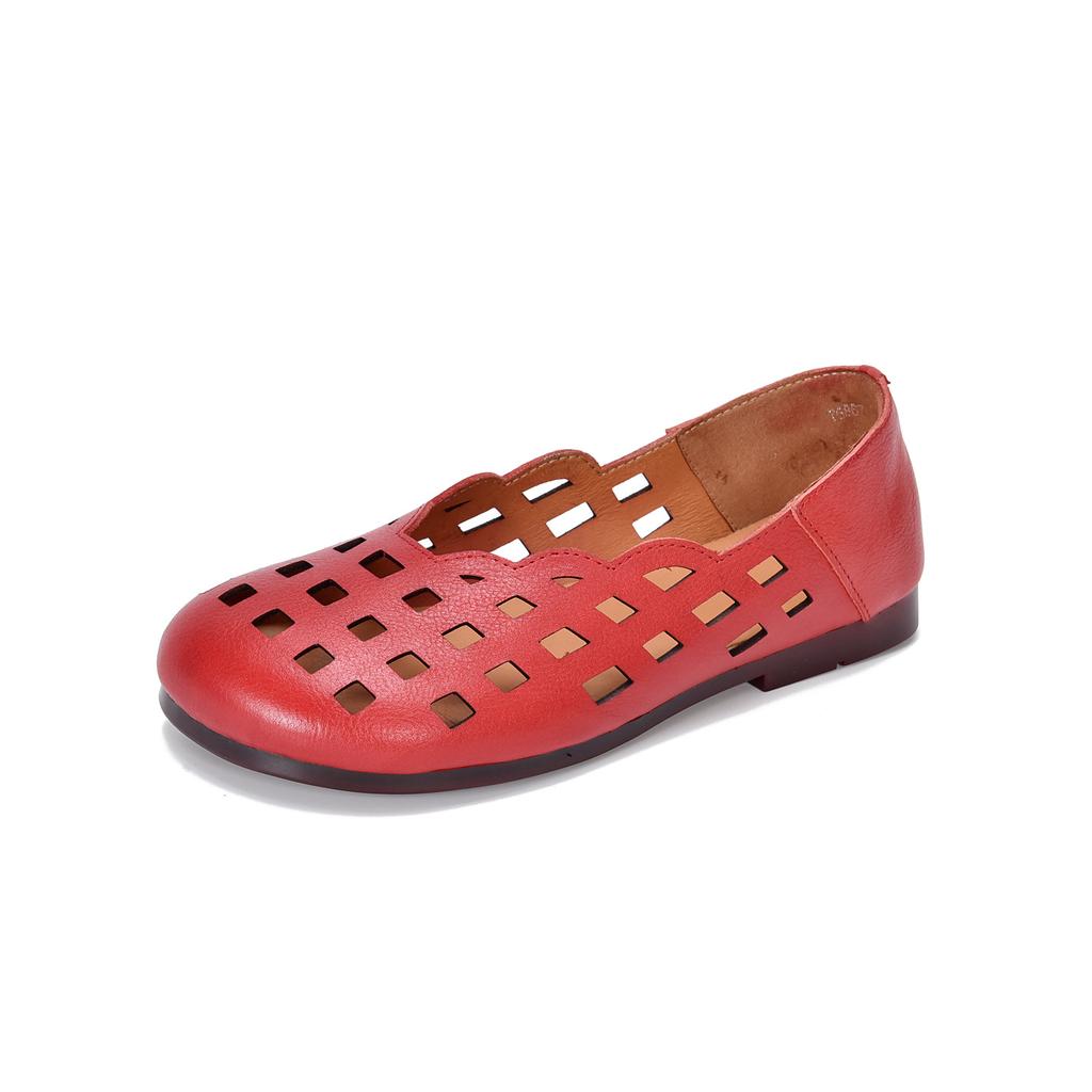 Johnature Genuine Leather Slip-on Shoes Hollow Out Breathable Soft Bottom Women's Flat Sandals