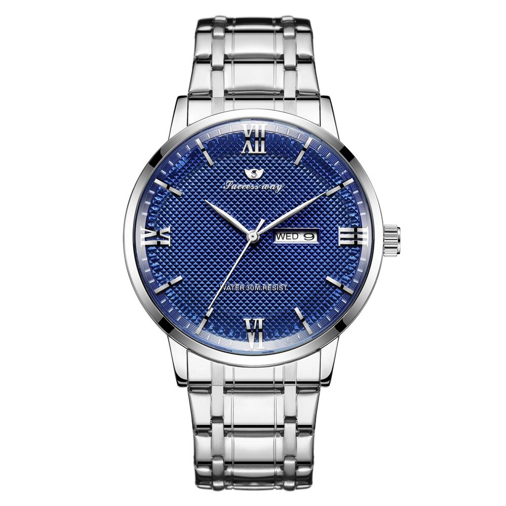 New high end elegant business steel strip men's quartz watch waterproof double calendar Roman numeral men's quartz watch