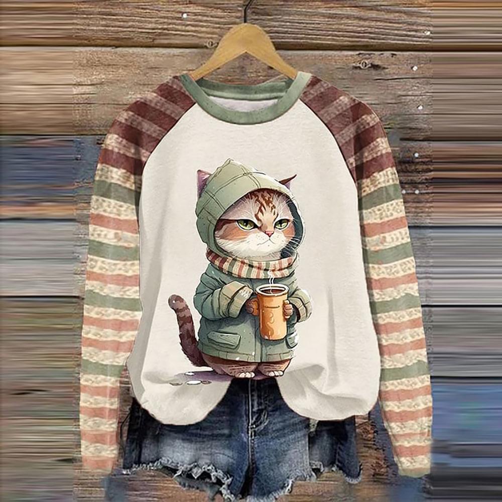 Cotton Long Sleeve T-Shirts For Women Funny Kawaii Cat Animals Print Sweatshirts Female Cute O-Neck Pullover Woman Sweatshirt