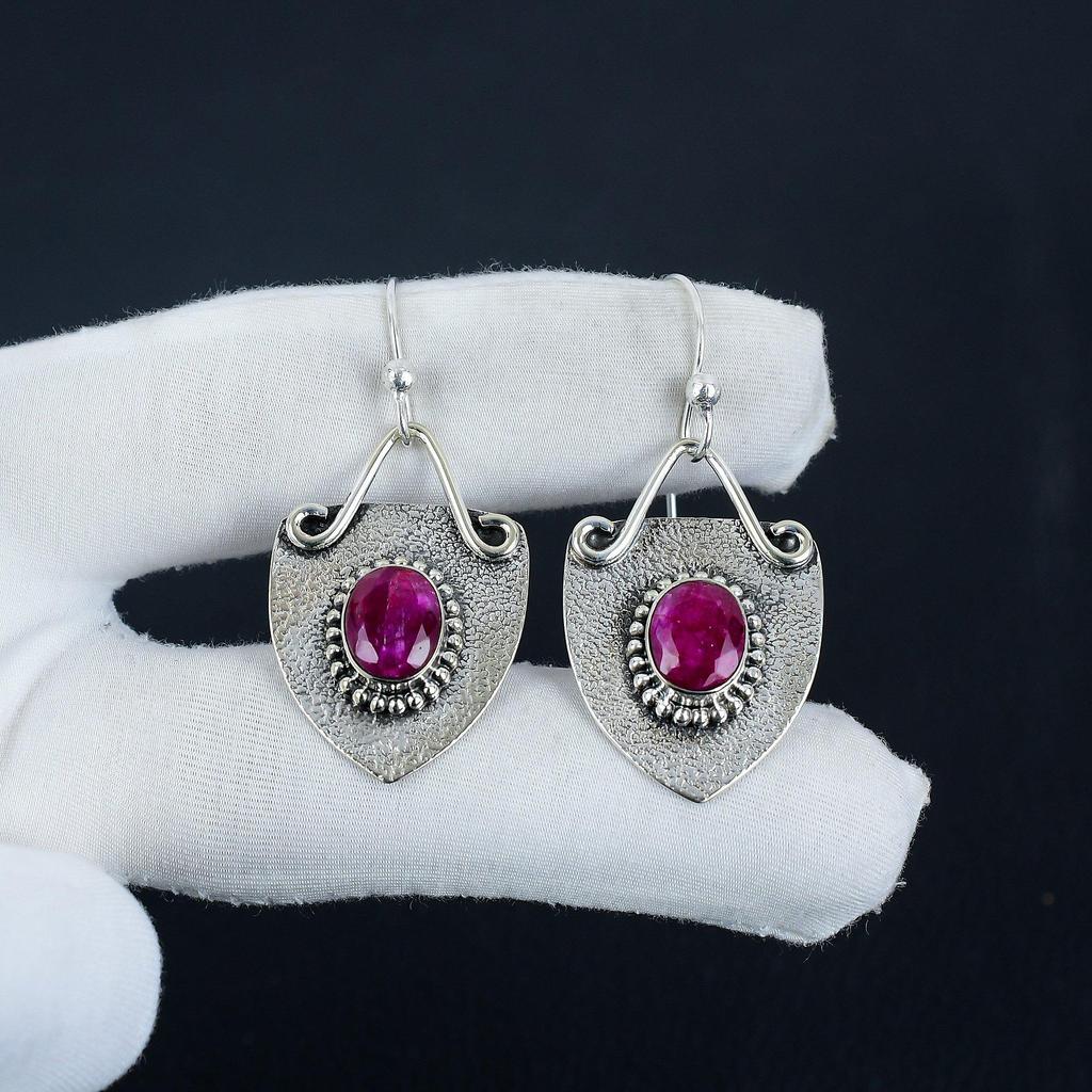 Amazing Kashmir Ruby Gemstone Earrings, 925 Sterling Silver Earring, Handmade Boho Silver Jewelry Dangle Earrings, Birthday Gift