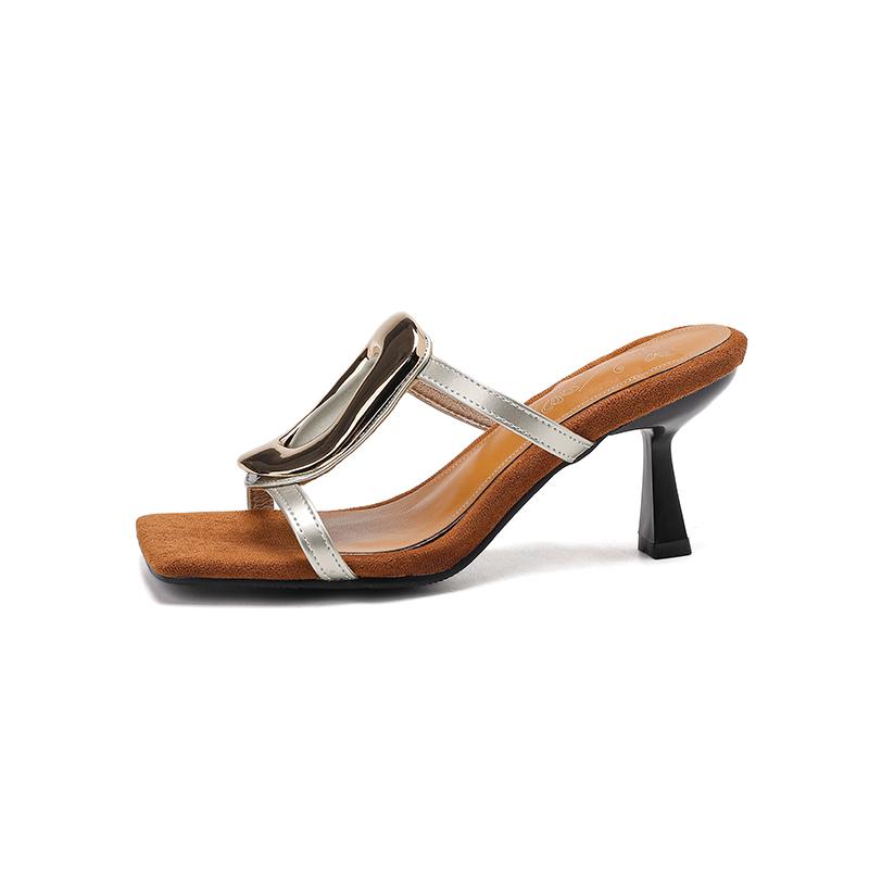 

Женские тапочки на высоком каблуке, летние новые, большие размеры, с открытым носком, на тонком каблуке 48