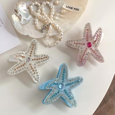 1 Stück exquisite Seestern-Acetat-Klammer, mit Diamanten besetzter blau-pinker Premium-Haarclip, Haiklammer am Hinterkopf