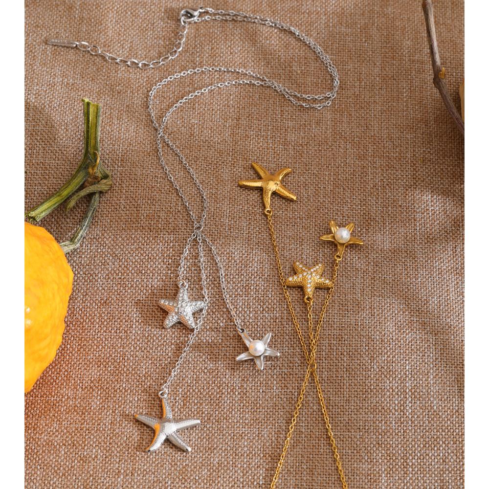 Eetit Ocean Series Stainless Steel Zircon Pearl Starfish Shell Chain Charm Drop Necklace 2026 Summer Arrivals Chic Jewelry Gift