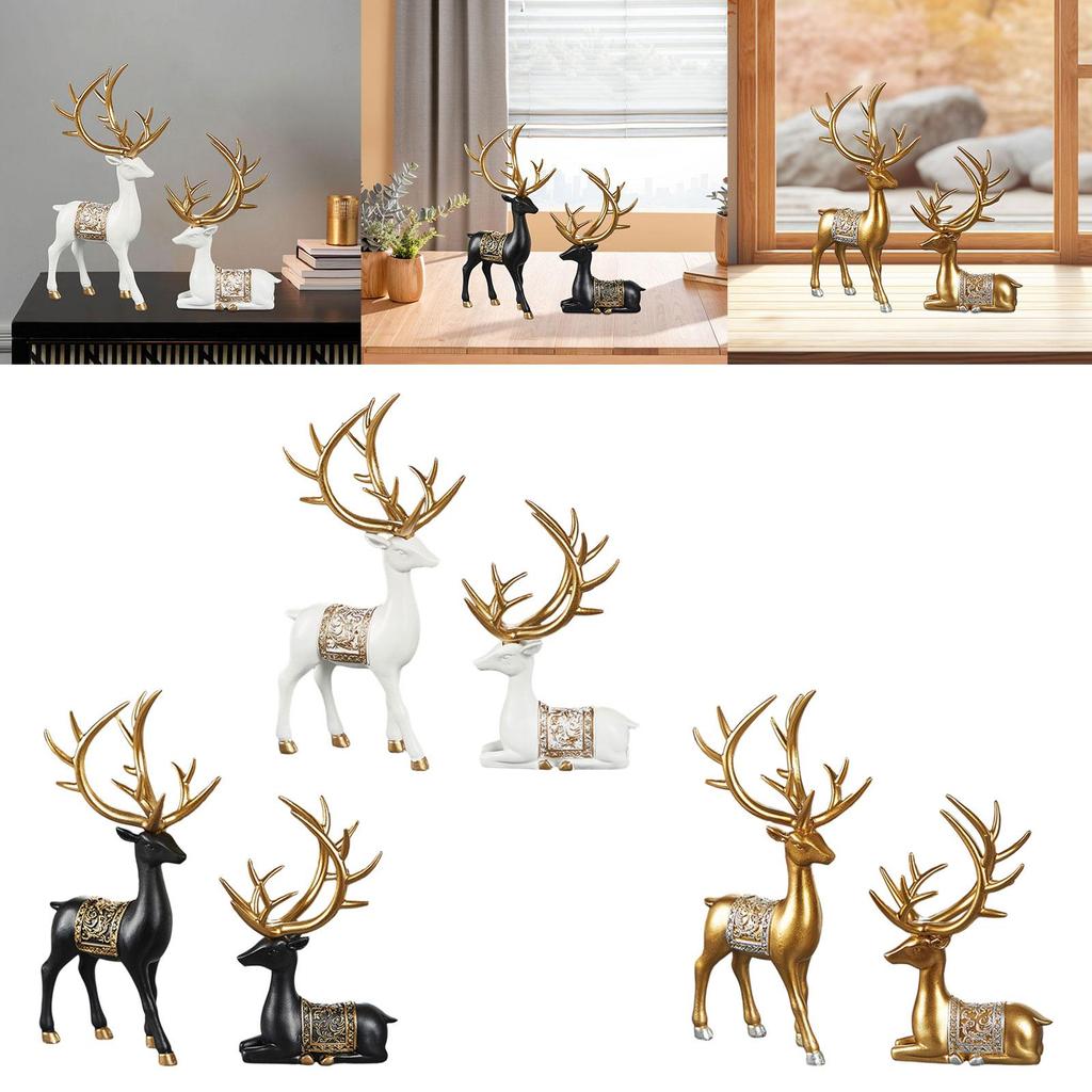 2Pcs Elk Resin Statue Decors Collection Resin Reindeer Sculpture Deer Figurine for Dining Room Desktop Farmhouse Bookshelf Desk