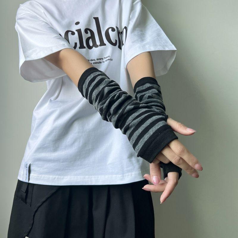

XINGX Knitted Gloves Sweet Girl Cosplay Student Secondary Element Open Finger Oversleeve Y2g Gyaru Arm Sleeves Black gray Stripes All yards