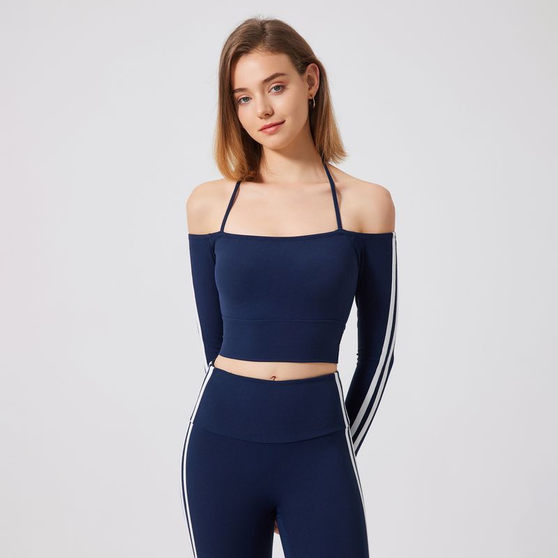 

Sexy Sexy Yoga Clothes Long Sleeves Women s Open Shoulder Strap Chest Pad Quick-Drying Sports Bra One-Piece Cup Workout Clothes Tops Elastic Sea night blue M