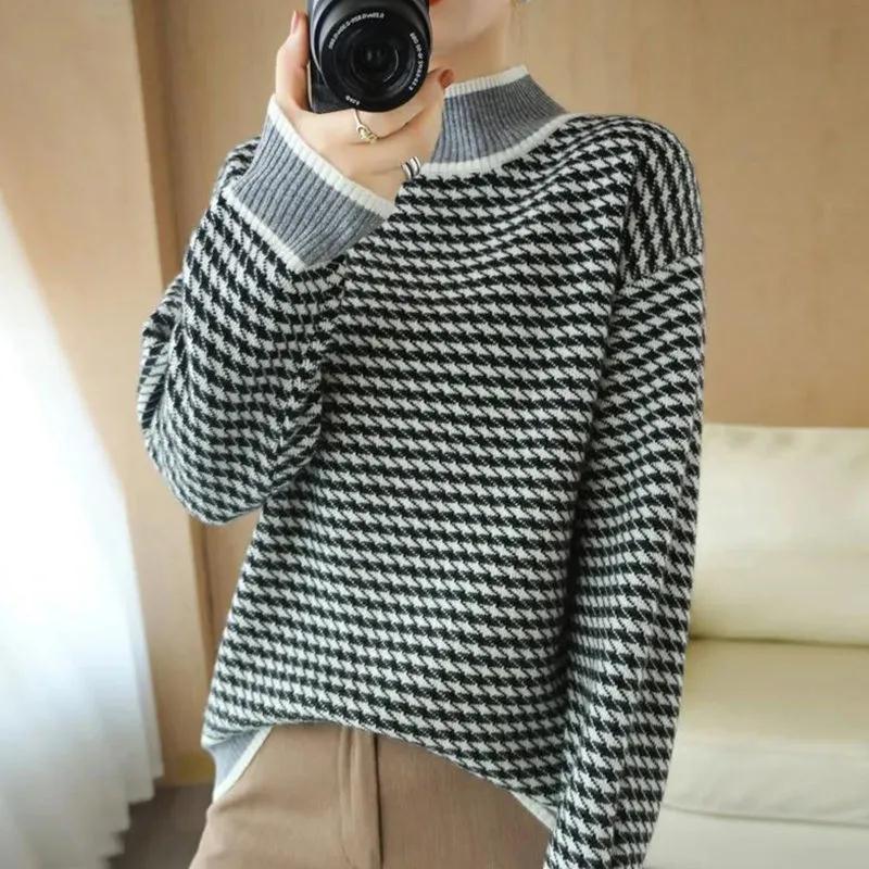 Herbst und Winter Dick Semi-Rollkragen Pullover Damenpullover Streifen Locker und Stilvoll Vielseitiger Pullover