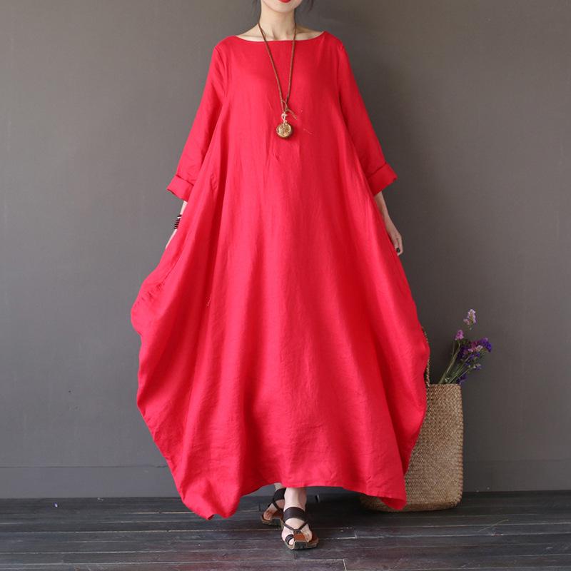 2024 European & American Style Women's Loose Round Neck Mid-Sleeve Long Skirt