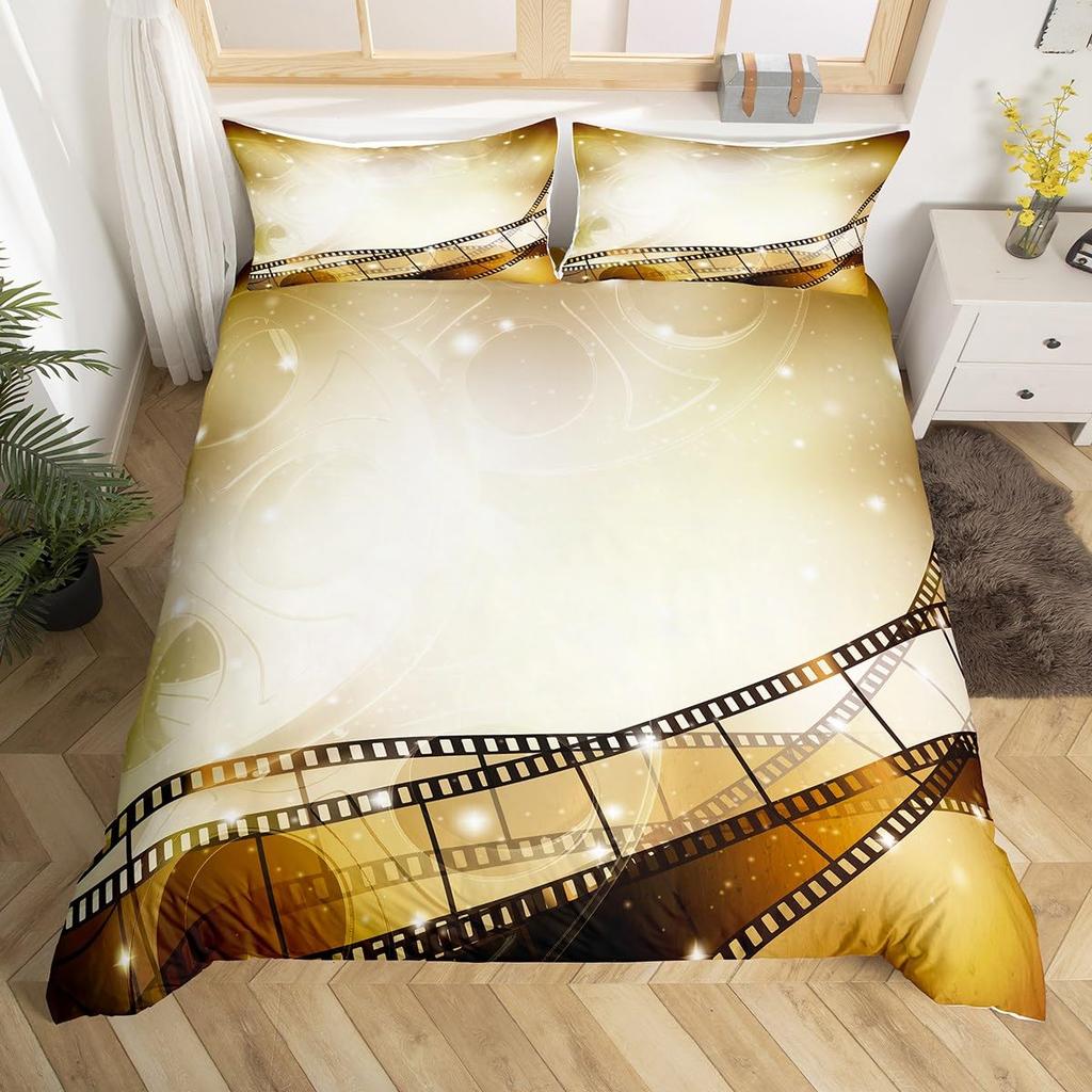 Movie Theme Duvet Cover Movie Theater Decor Bedding Set Full King Vintage Cinema Ticket Clapboard Popcorn Print Comforter Cover