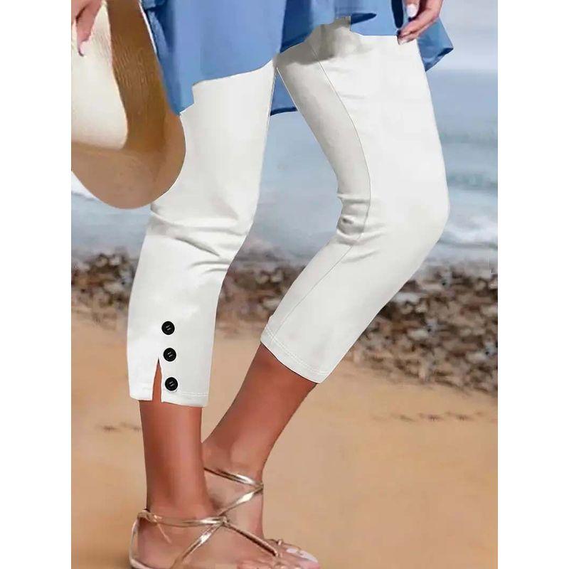 

2025 Cross-Border Summer Mid-Waist Elastic Solid Color Cropped Pants Tight Fashion Sexy Buttoned Casual Pants for Women White M