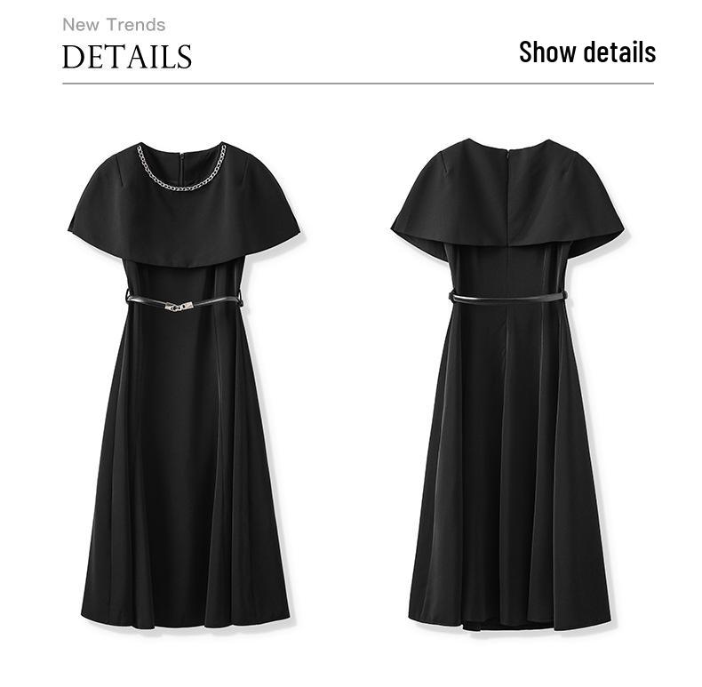 French Design Black Mid-Length Socialite Cape Dress for Women