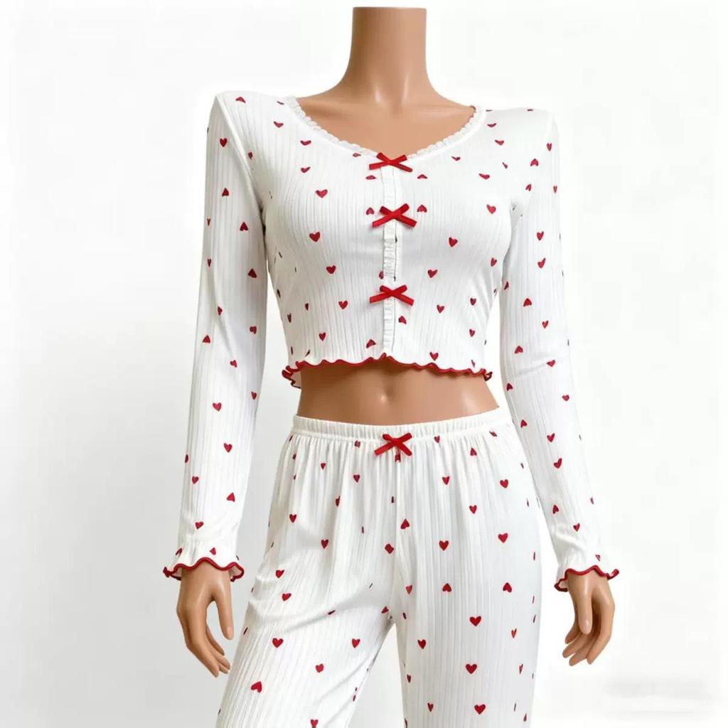 European and American Heart V-Neck Long Sleeve Pajama Set for Women - Indoor/Outdoor Wear