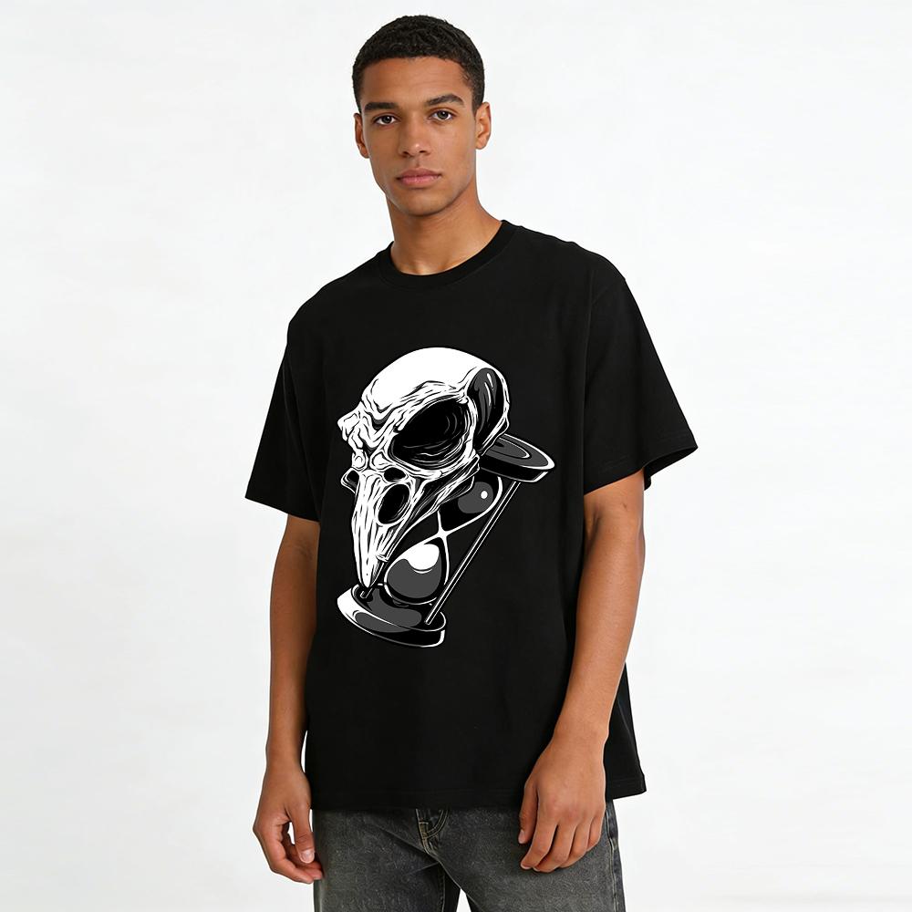 Gotische Vogel Schedel Zandloper Print Cool Casual T-shirt met Korte Mouwen Puur Katoenen T-shirt