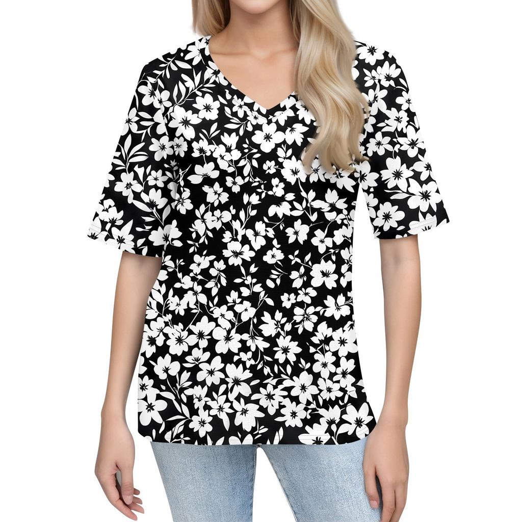 Shirts For Women Trendy V Neck T Shirts Casual Printed Blouse Half Sleeve Tops For Women