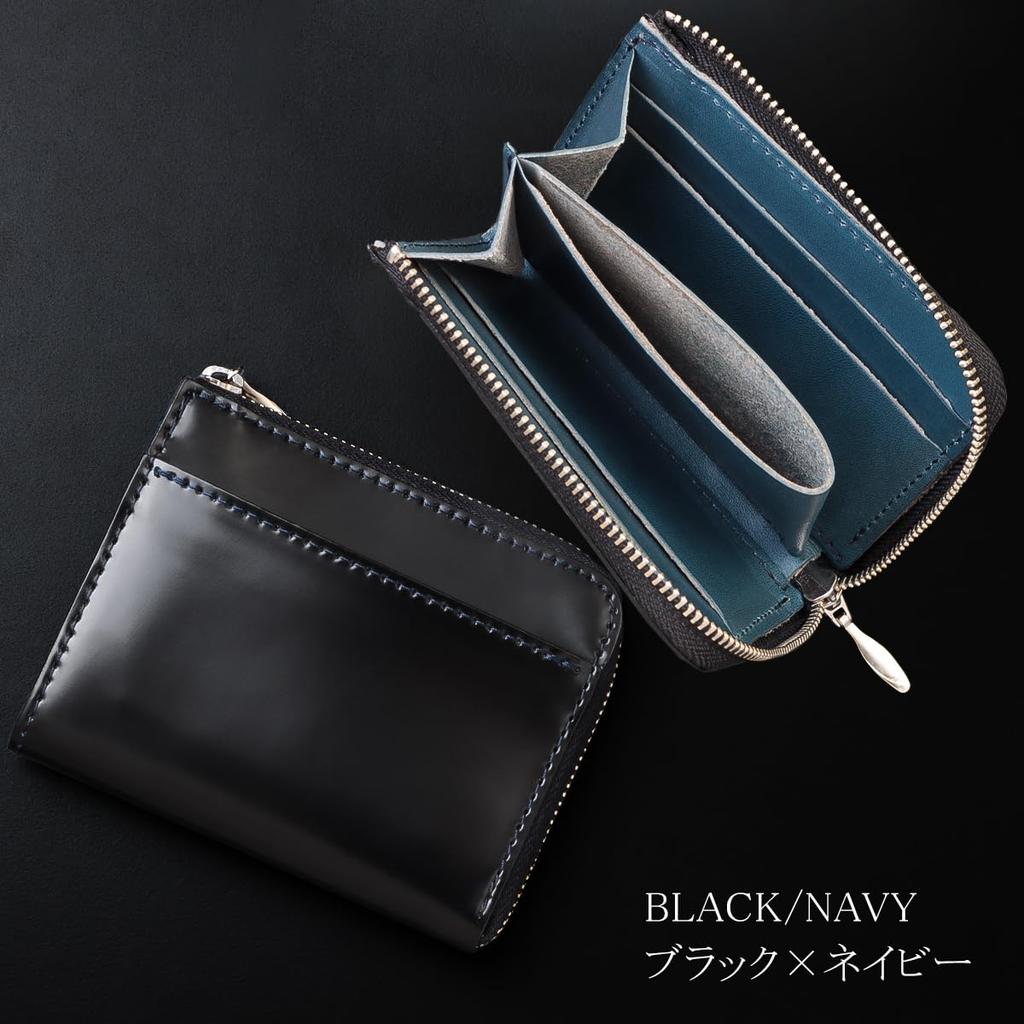 El Diablo Men's Bifold Wallet, Compact, Genuine Cordovan Leather, Tochigi Leather, Thin, L-Shaped Zipper, Made in Japan [EL-C3148] (Black x Navy)