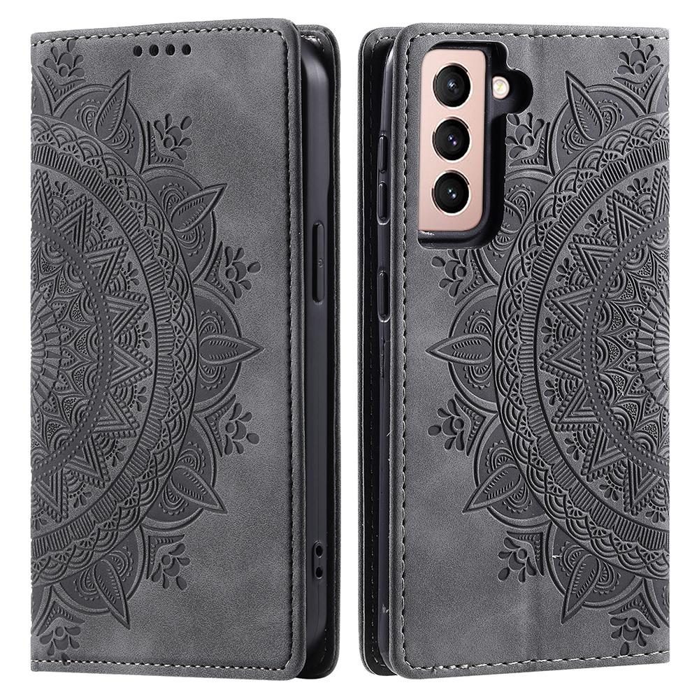 

For Samsung Galaxy S21 FE 5G Case PU Leather Imprinted Wallet Stand Phone Cover Grey