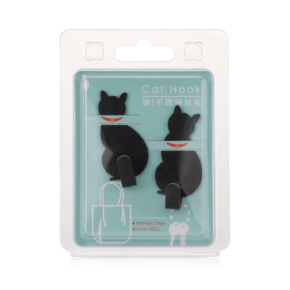 2pcs Stick on Wall Kitchen Bathroom Storage Holder Hanger Towel Racks Cat Pattern Hooks