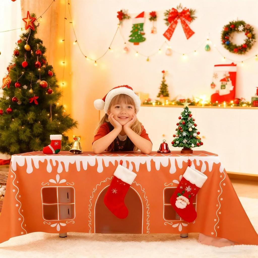 Christmas Tablecloth Reusable Decoration Gingerbread House Christmas Table Cover Winter Picnic Christmas Party Home Decorations