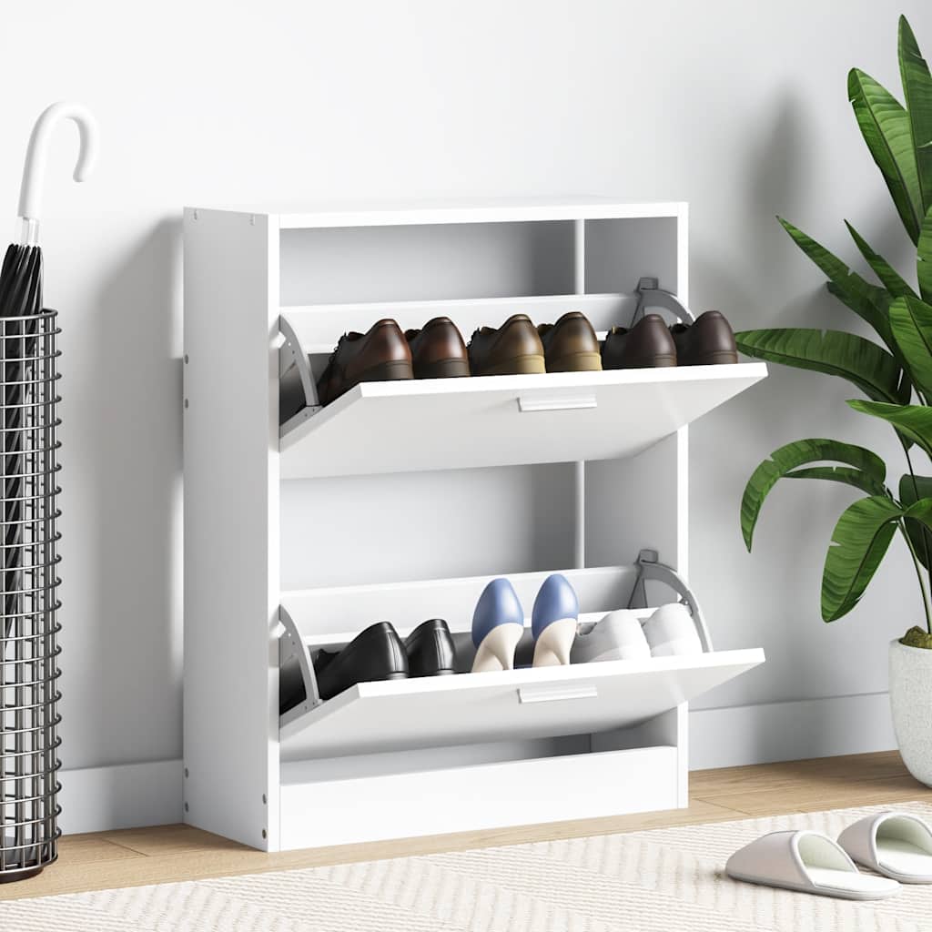 White Wooden Shoe Cabinet with 2 Shoe Trays