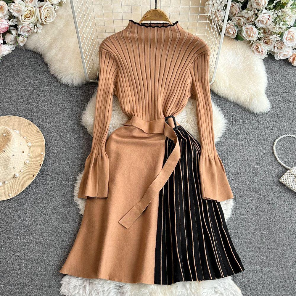 

Autumn and Winter Korean Celebrity Temperament Horn Long-sleeved Stand-up Collar Tie-up Waist and Thin A-character Knitted Pleated Dress XL коричневий