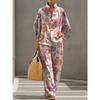 European and American Vintage Heavy Industry Floral Print Two-piece Set: Stand-collar Polo Shirt + Wide-leg Pants Loose Casual Vacation Set