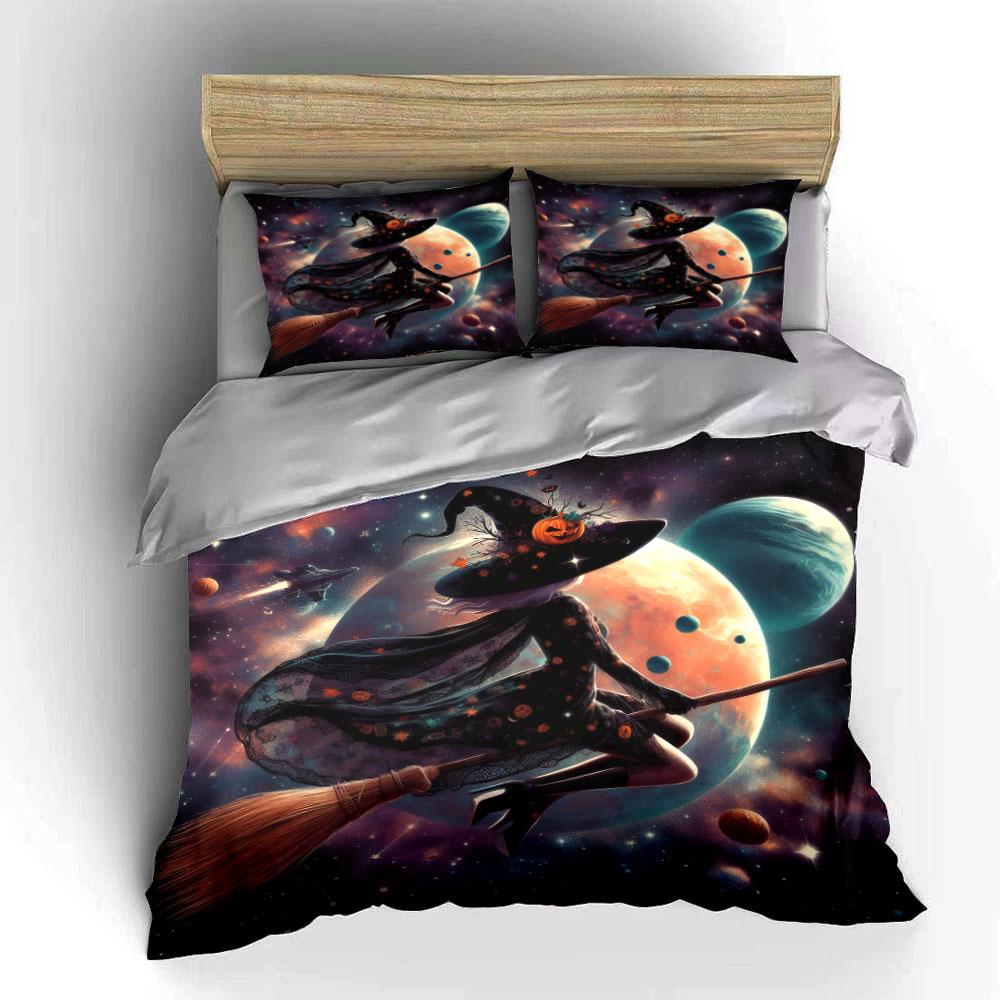 Space Witch Halloween Decor Set Bedding Set With 1 Duvet Cover 2 Pillowcases Single Double King Queen, Gift