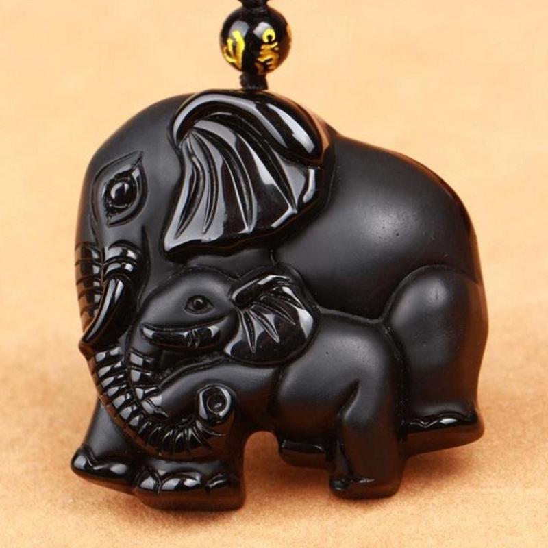 Kryształowy Obsydian Tajski Ganesha Czteroramienny Amulet Bogactwa z Wisiorkiem Matki i Słoniątka