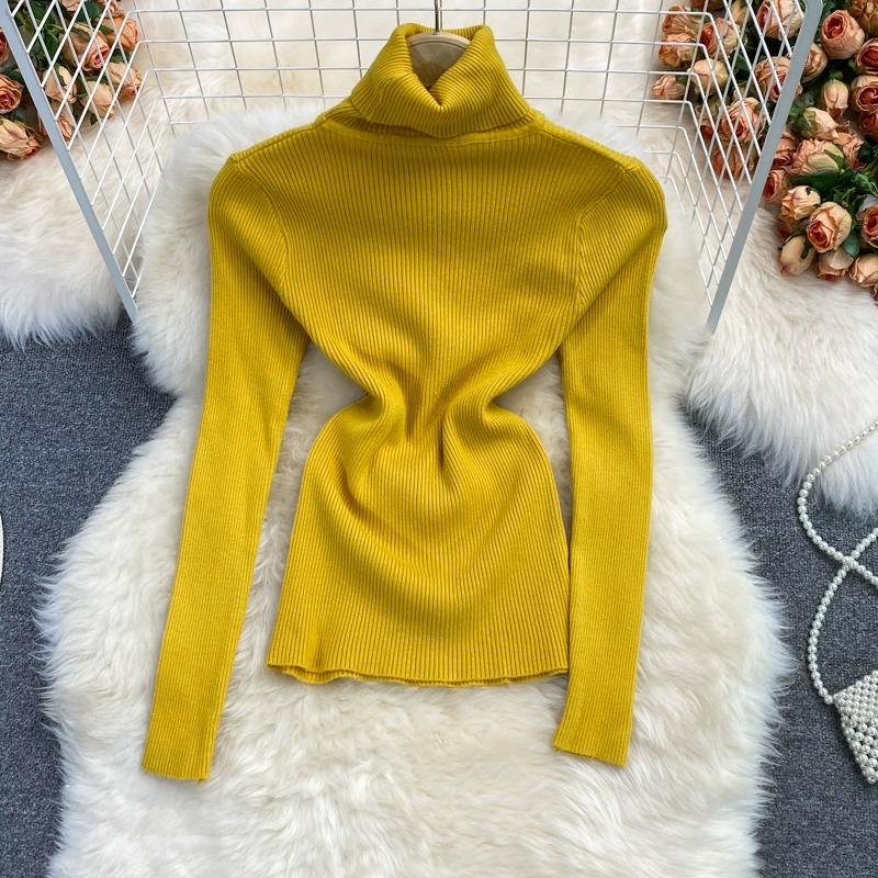 

Весна Осень Зима Женский однотонный трикотажный свитер с высоким воротом и длинным рукавом, нижняя часть, пуловер, топы One Size жёлтый