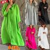 Moda damska sukienki z długimi rękawami guziki sukienki na co dzień jednokolorowe eleganckie sukienki luźna sukienka Maxi Plus rozmiar XS-5XL