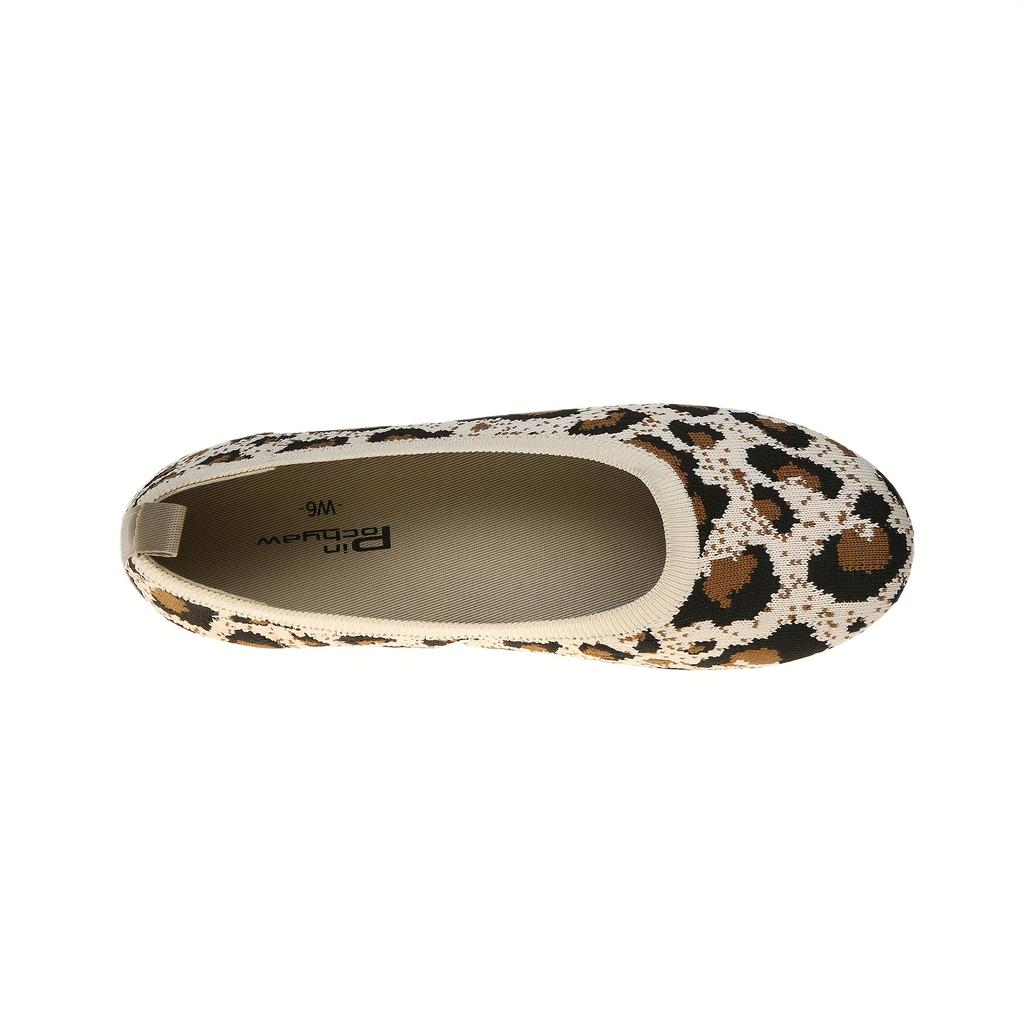Women's Leopard Print Knit Ballet Flats - Comfortable Slip-On Shoes with Soft Fabric Interior and TPR Sole, Ideal for All Seasons