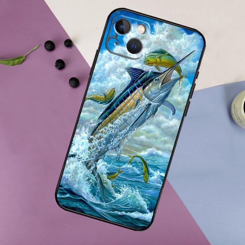 Blue Marlin Painting Case For iPhone 16 15 14 13 12 11 Pro Max Plus X XS Max XR 7 8 Cover Accessories